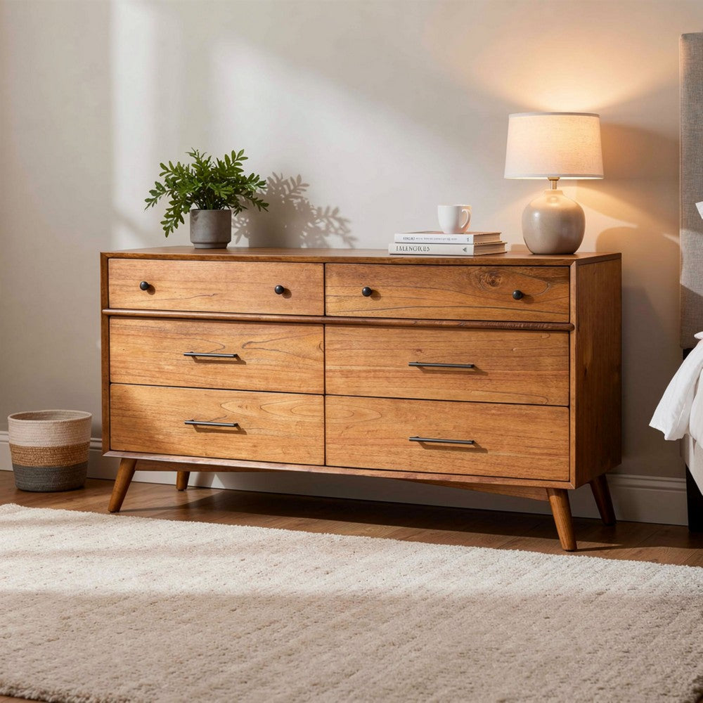 Amy 60"  Wide Dresser | 6 Drawers | Angled Legs | Brown Solid Wood