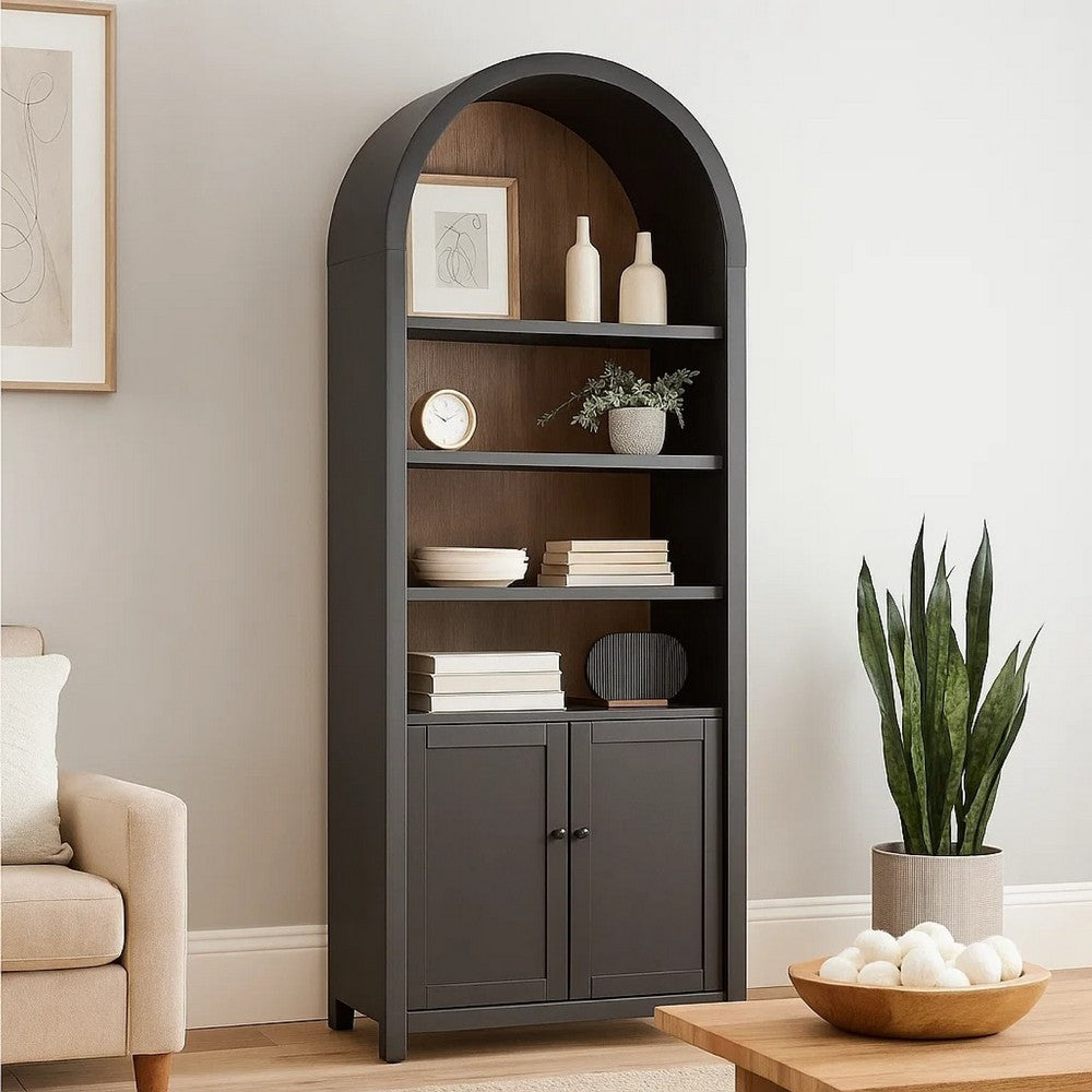 Xeny Arched Display Cabinet | 3 Shelves w 2 Doors | Black Mahogany Wood