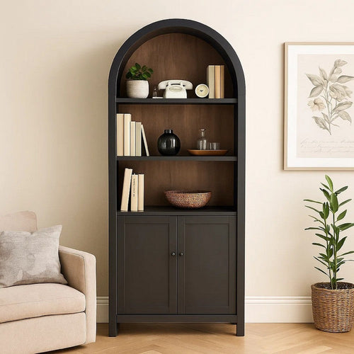 Xeny Arched Display Cabinet | 3 Shelves w 2 Doors | Black Mahogany Wood