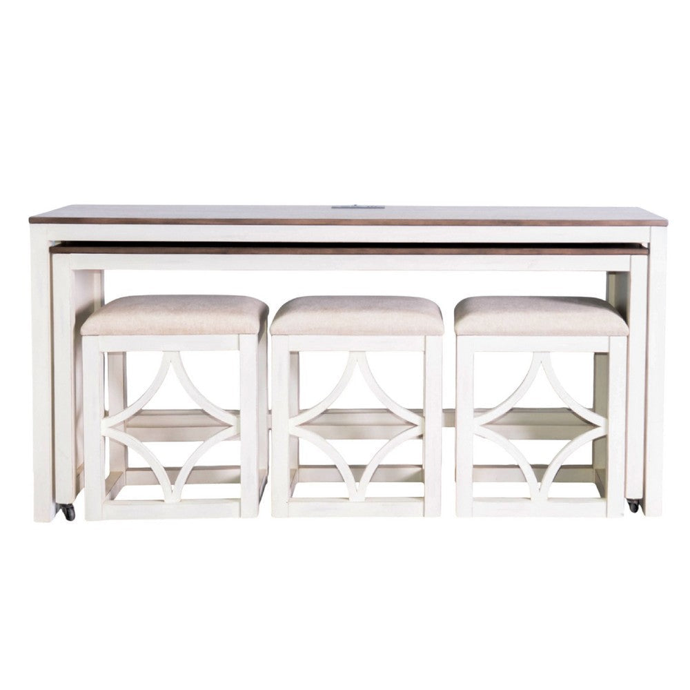 Feli 5pc Nesting Console Table w 3 Stools Set | Brown Wood Top | White BM339922