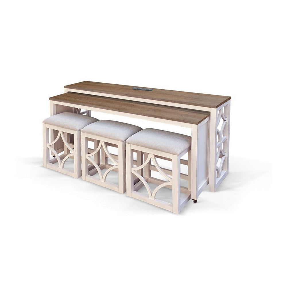 Feli 5pc Nesting Console Table w 3 Stools Set | Brown Wood Top | White BM339922