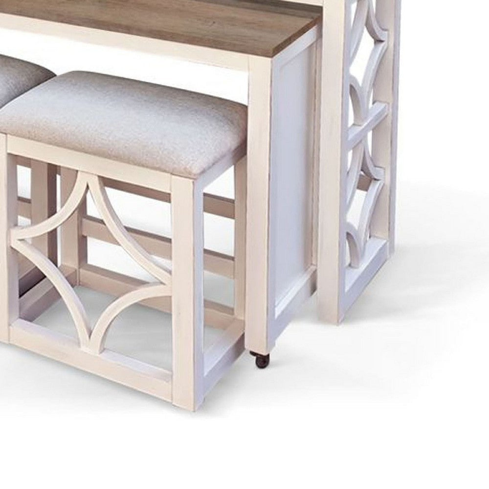 Feli 5pc Nesting Console Table w 3 Stools Set | Brown Wood Top | White BM339922