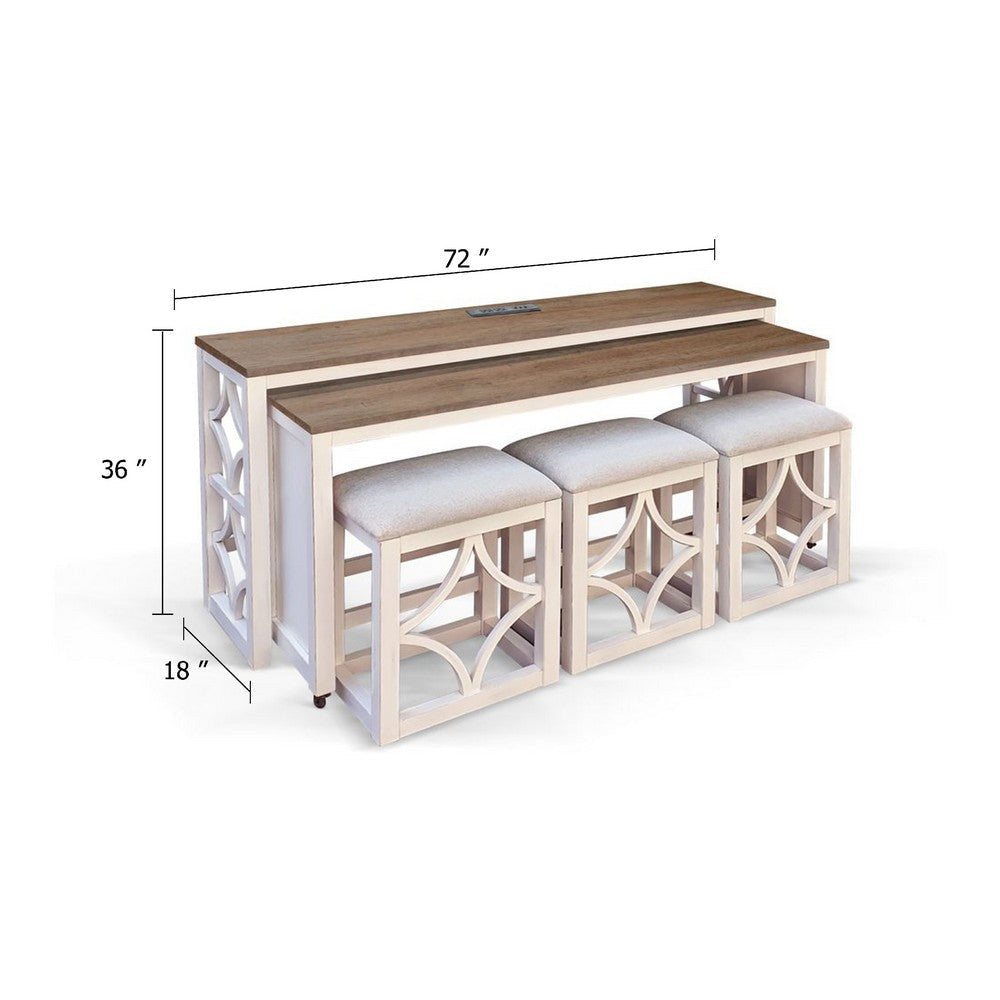 Feli 5pc Nesting Console Table w 3 Stools Set | Brown Wood Top | White BM339922