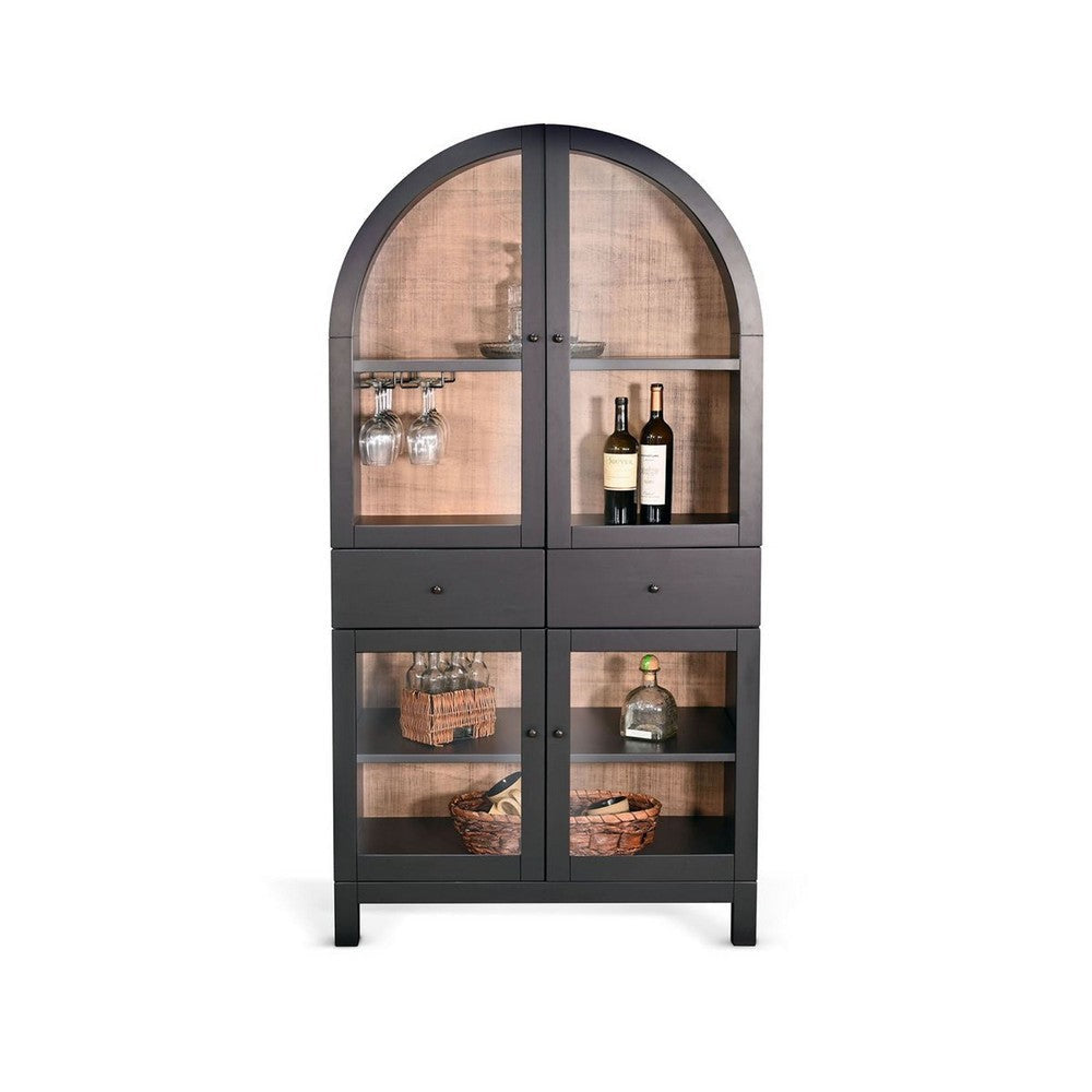 Ric Arched Wine Bar Cabinet | 2 Drawers w 4 Glass Door Shelves | Black 