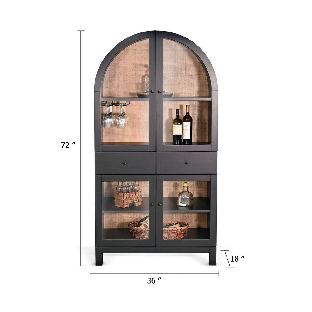 Ric Arched Wine Bar Cabinet | 2 Drawers w 4 Glass Door Shelves | Black BM339932