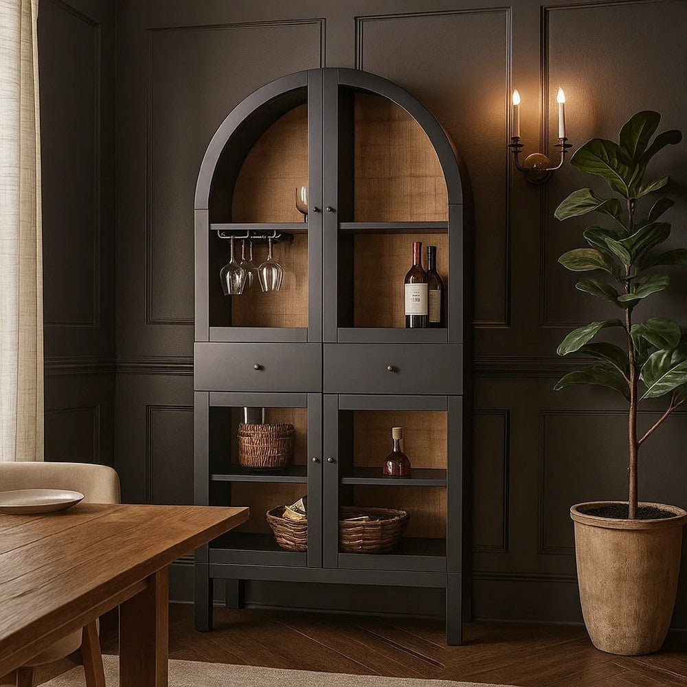 Ric Arched Wine Bar Cabinet | 2 Drawers w 4 Glass Door Shelves | Black