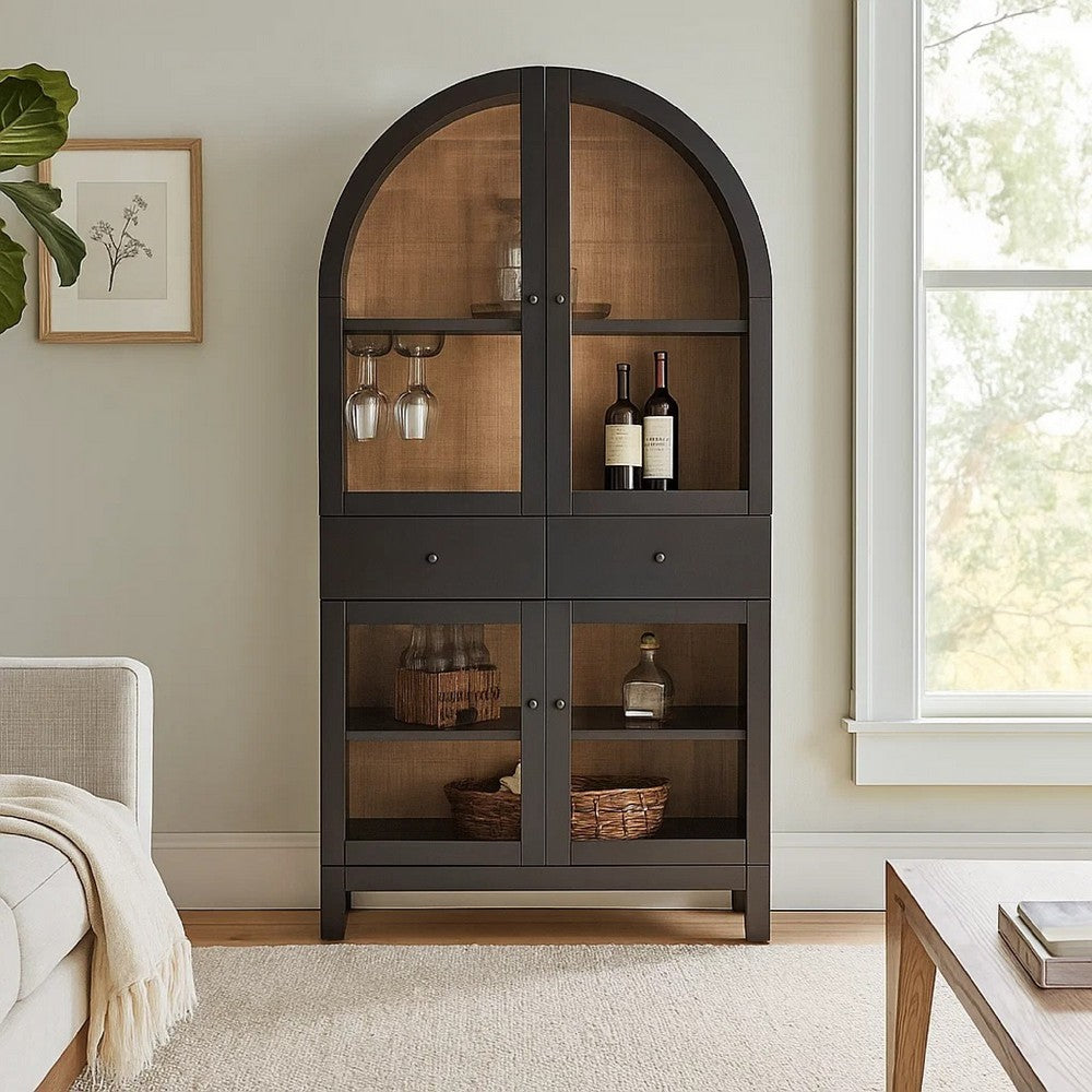 Ric Arched Wine Bar Cabinet | 2 Drawers w 4 Glass Door Shelves | Black