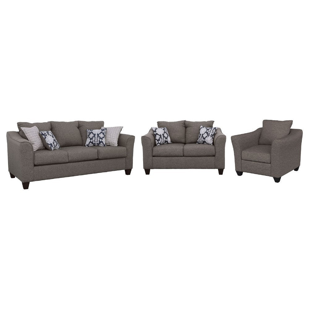 Siya 3pc Living Room Sofa Loveseat & Chair Set | 6 Accent Pillows | Dark Gray