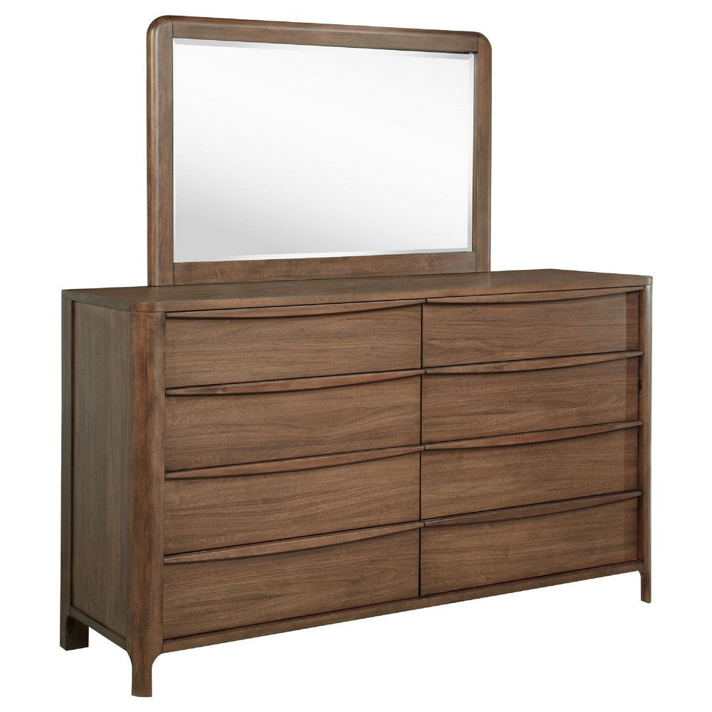 Rie Wide Dresser with Mirror | 8 Drawers Walnut Brown | Round Corners
