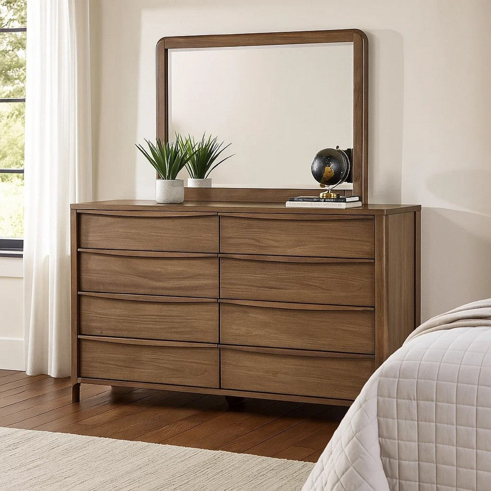 Rie Wide Dresser with Mirror | 8 Drawers Walnut Brown | Round Corners