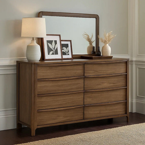 Rie Wide Dresser with Mirror | 8 Drawers Walnut Brown | Round Corners