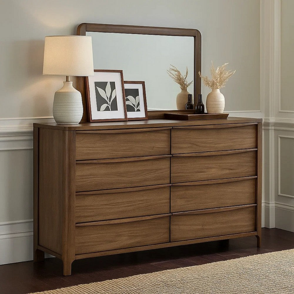 Rie Wide Dresser with Mirror | 8 Drawers Walnut Brown | Round Corners
