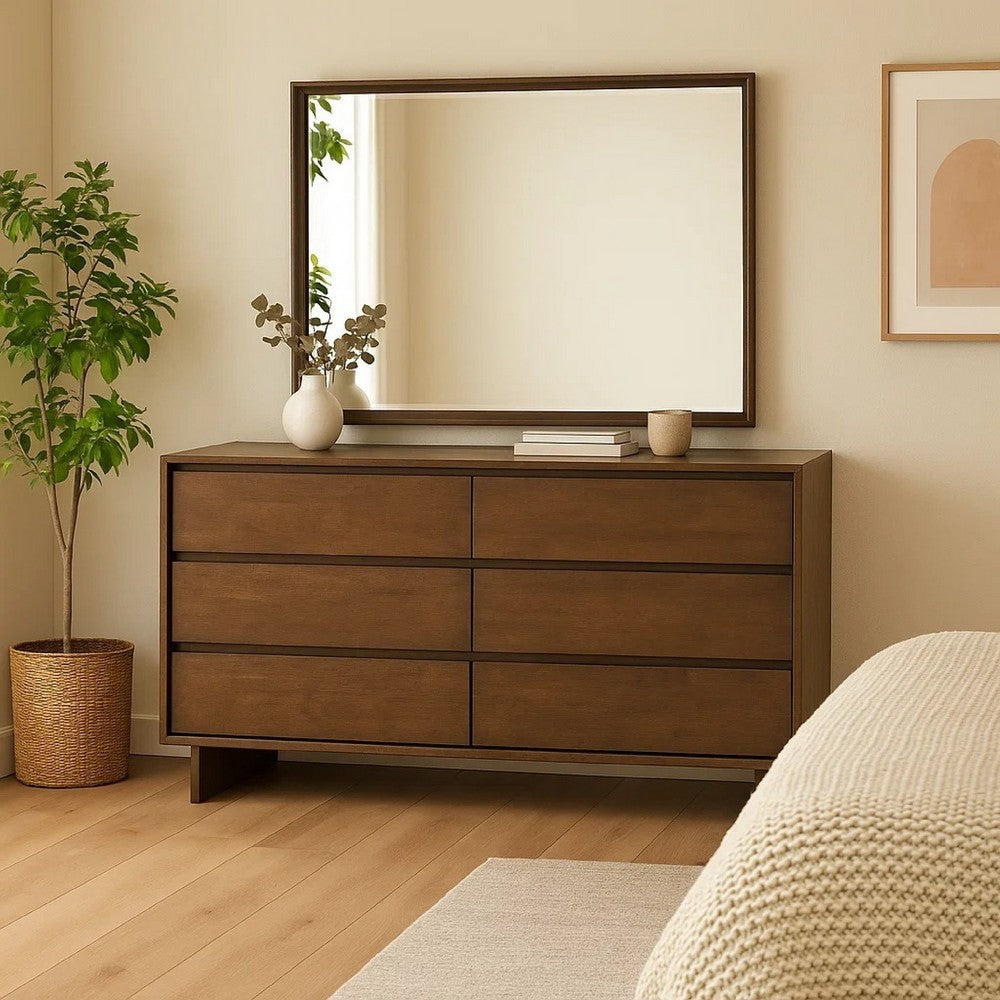 Genu Wide Dresser with Mirror | 6 Drawers | Beveled Glass | Brown Wood BM339941