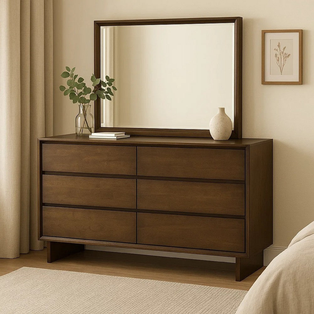 Genu Wide Dresser with Mirror | 6 Drawers | Beveled Glass | Brown Wood