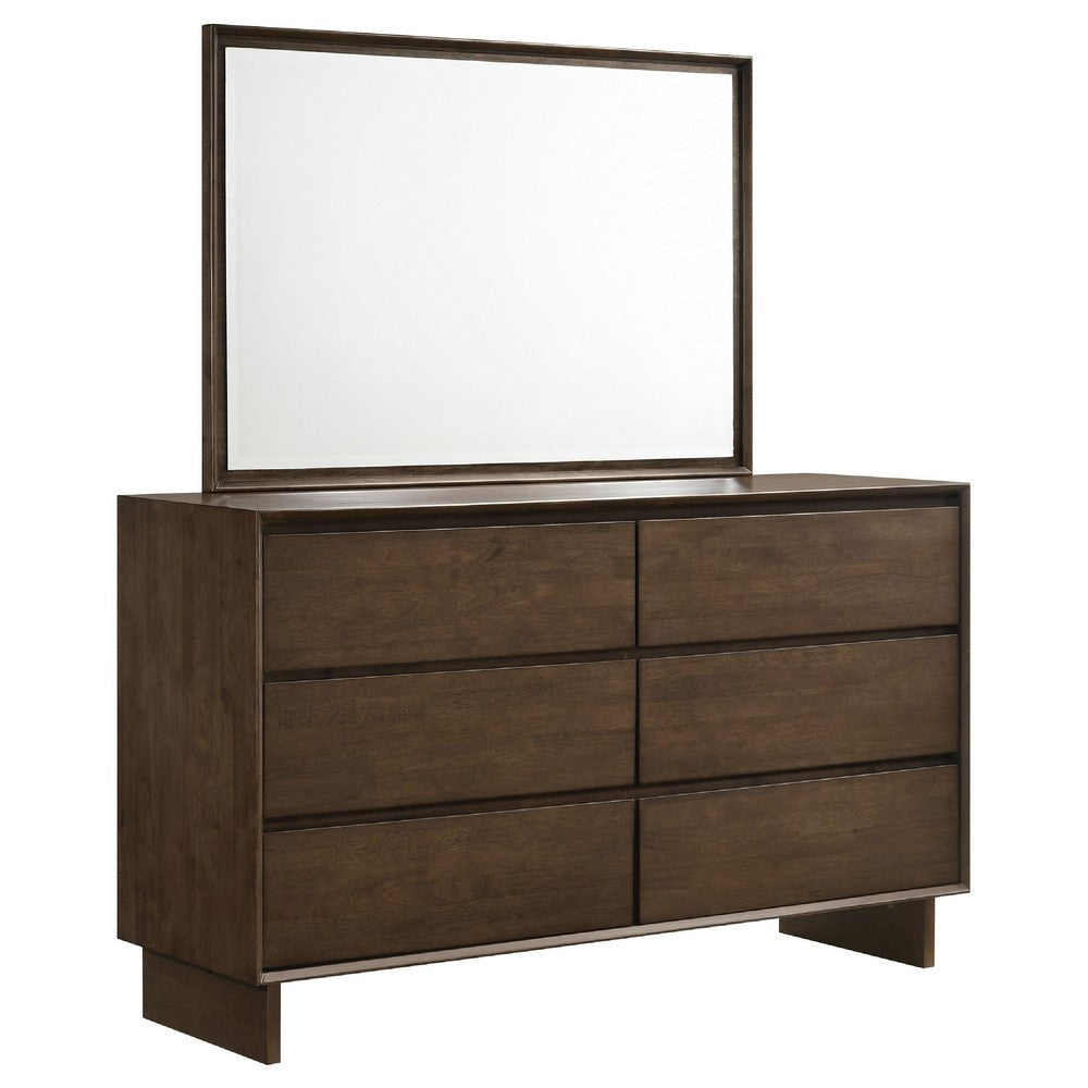 Genu Wide Dresser with Mirror | 6 Drawers | Beveled Glass | Brown Wood