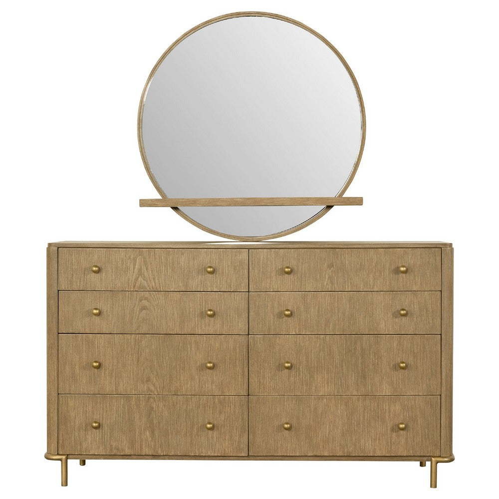 Fij Wide Dresser with Mirror | 8 Drawers Sand Wash Brown | Brass Knobs