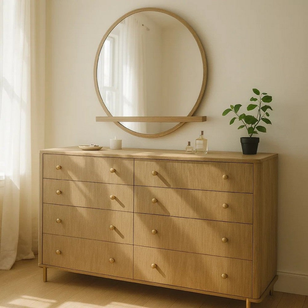 Fij Wide Dresser with Mirror | 8 Drawers Sand Wash Brown | Brass Knobs