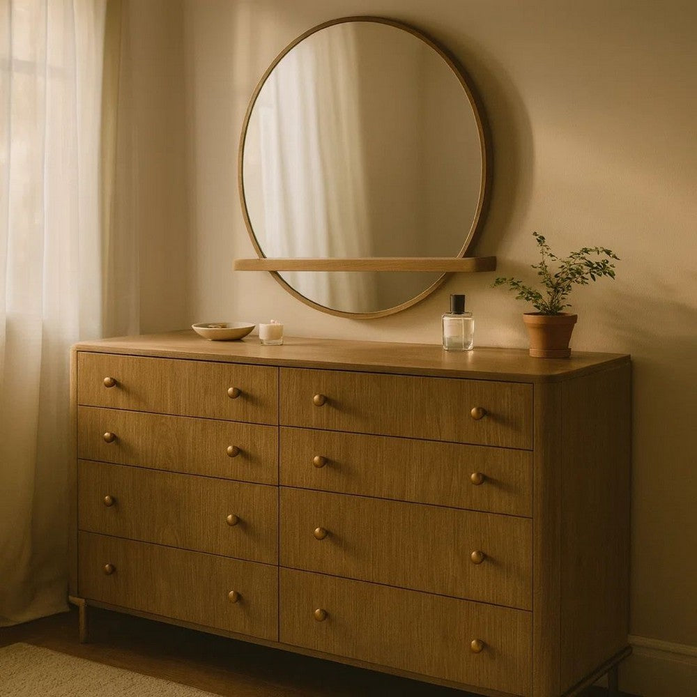 Fij Wide Dresser with Mirror | 8 Drawers Sand Wash Brown | Brass Knobs