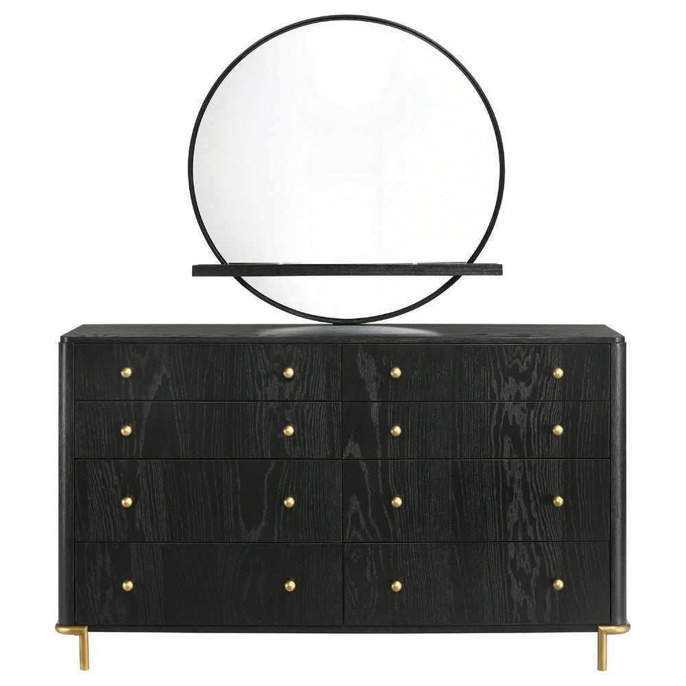 Fij Wide Dresser with Mirror | 8 Drawers | Black Wood | Brass Knobs BM339943