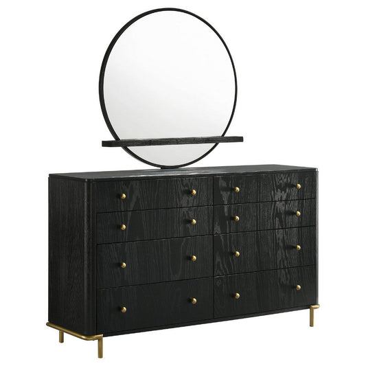 Fij Wide Dresser with Mirror | 8 Drawers | Black Wood | Brass Knobs
