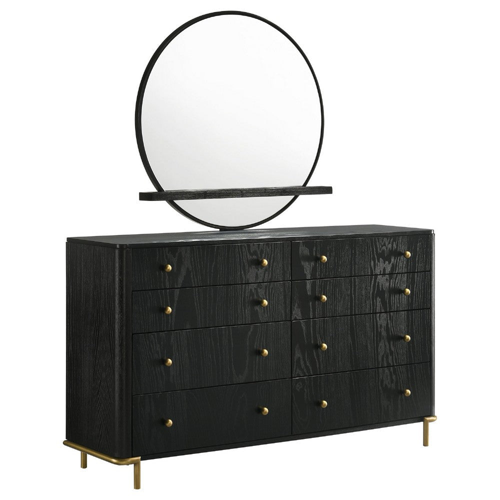Fij Wide Dresser with Mirror | 8 Drawers | Black Wood | Brass Knobs