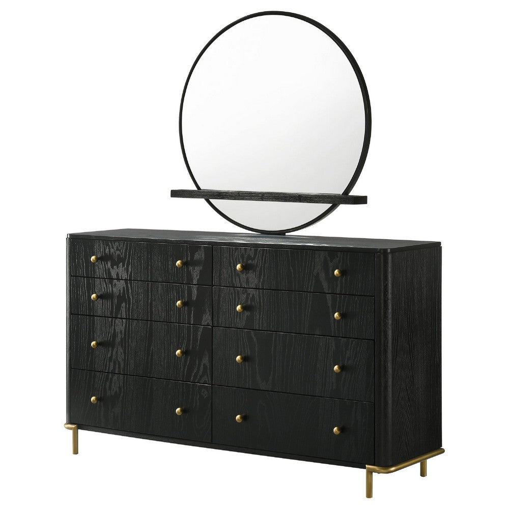 Fij Wide Dresser with Mirror | 8 Drawers | Black Wood | Brass Knobs BM339943