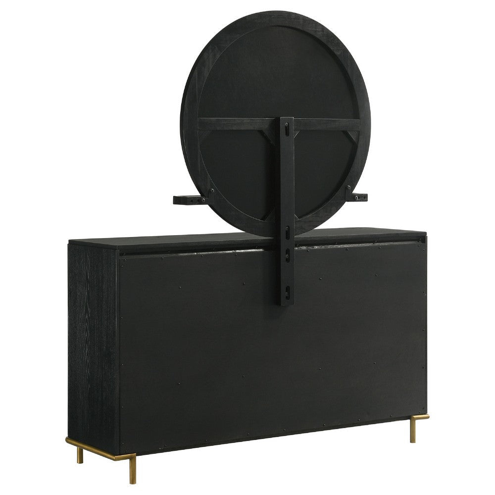 Fij Wide Dresser with Mirror | 8 Drawers | Black Wood | Brass Knobs BM339943