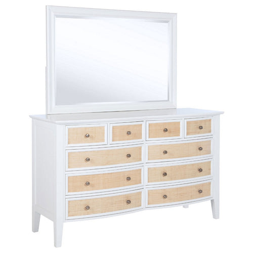 Heo Wide Dresser with Mirror | 10 Drawers | White | Brown Wood Frame
