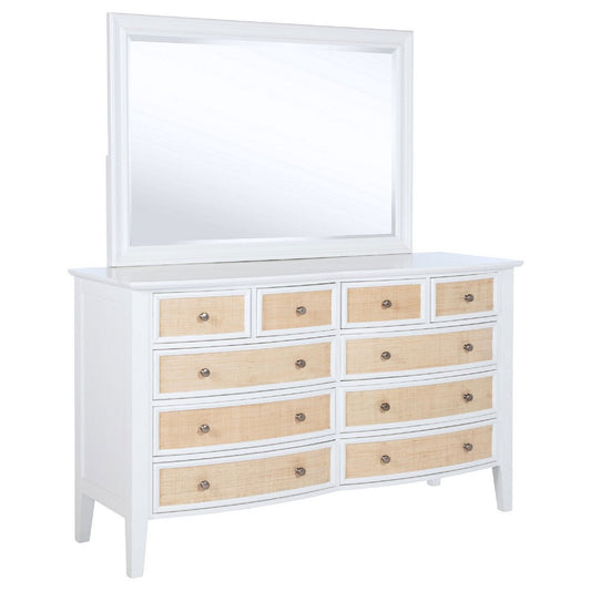 Heo Wide Dresser with Mirror | 10 Drawers | White | Brown Wood Frame