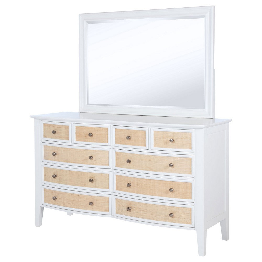Heo Wide Dresser with Mirror | 10 Drawers | White | Brown Wood Frame