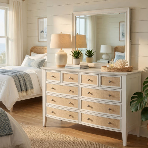 Heo Wide Dresser with Mirror | 10 Drawers | White | Brown Wood Frame