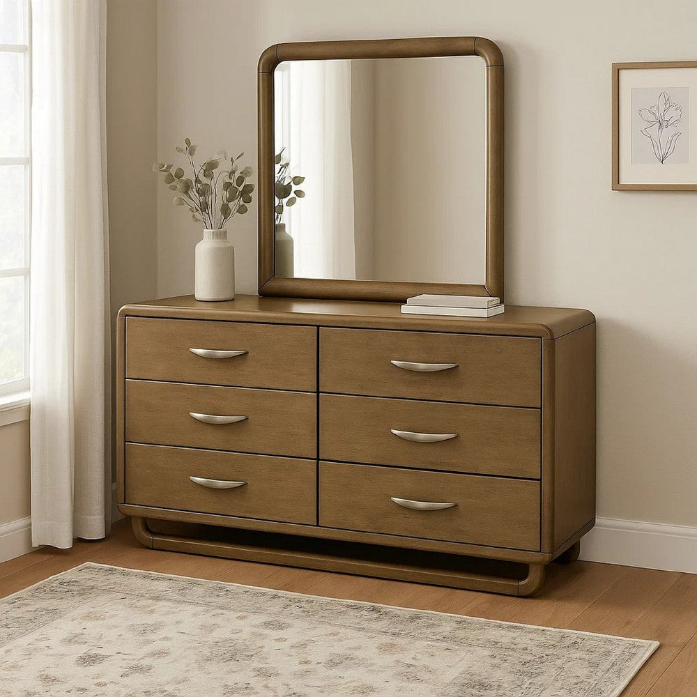 Deon Wide Dresser with Mirror | 6 Drawers | Brown Wood | Matte Nickel BM339945