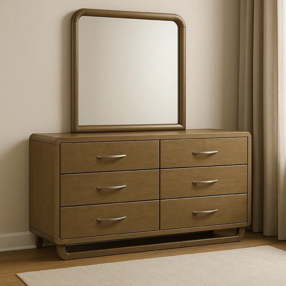 Deon Wide Dresser with Mirror | 6 Drawers | Brown Wood | Matte Nickel
