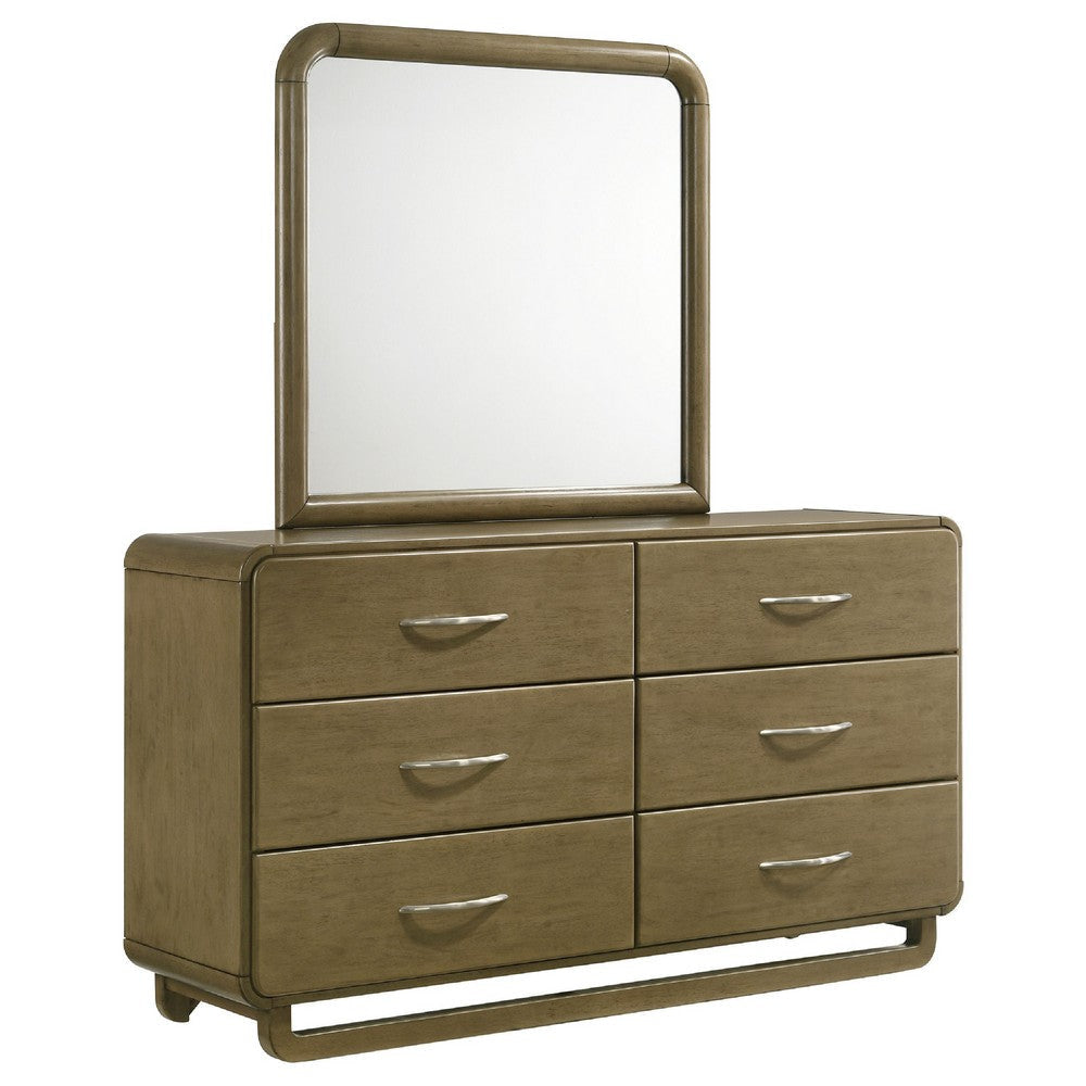 Deon Wide Dresser with Mirror | 6 Drawers | Brown Wood | Matte Nickel