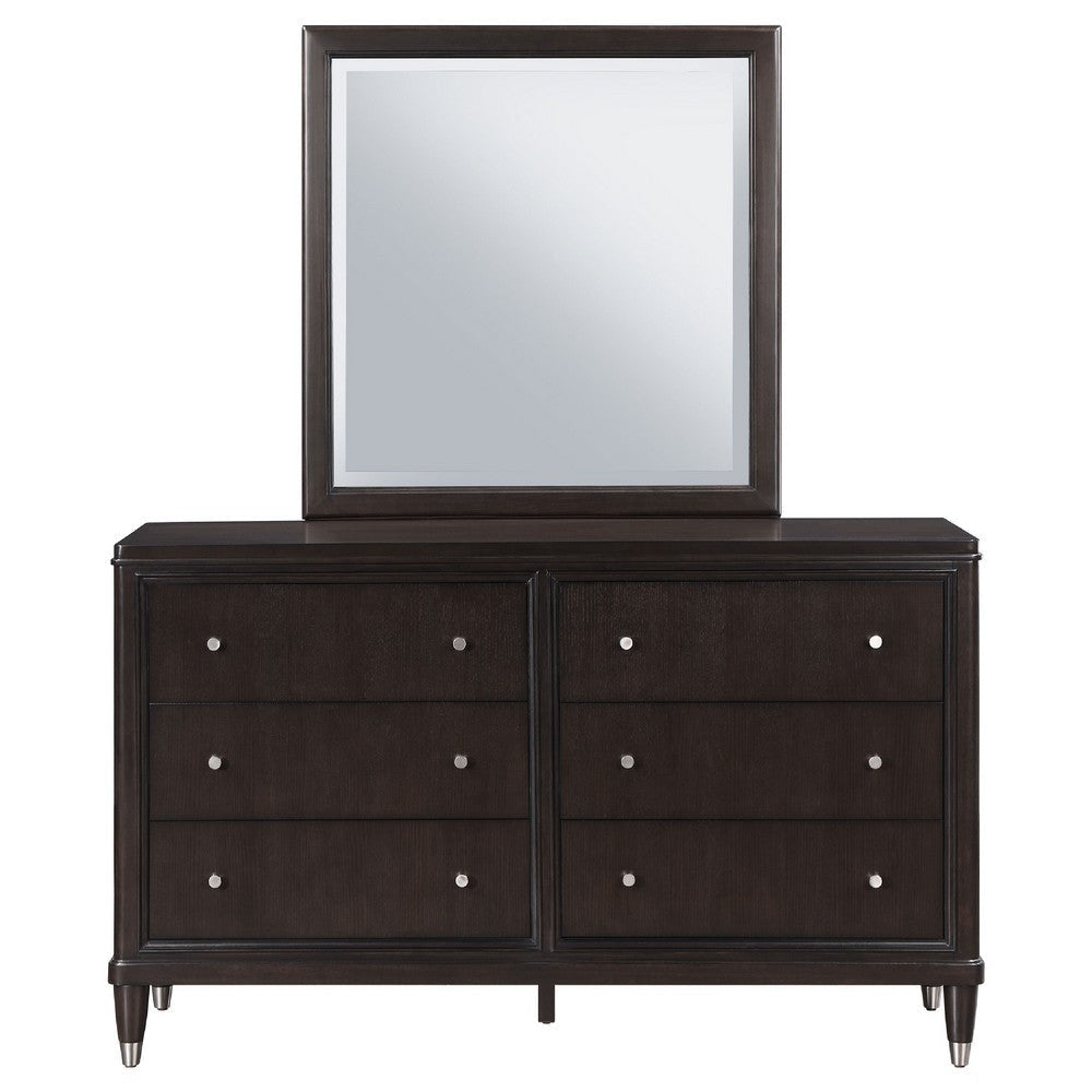 Amber Wide Dresser with Mirror | 6 Drawers | Brown Wood | Silver Knobs BM339946