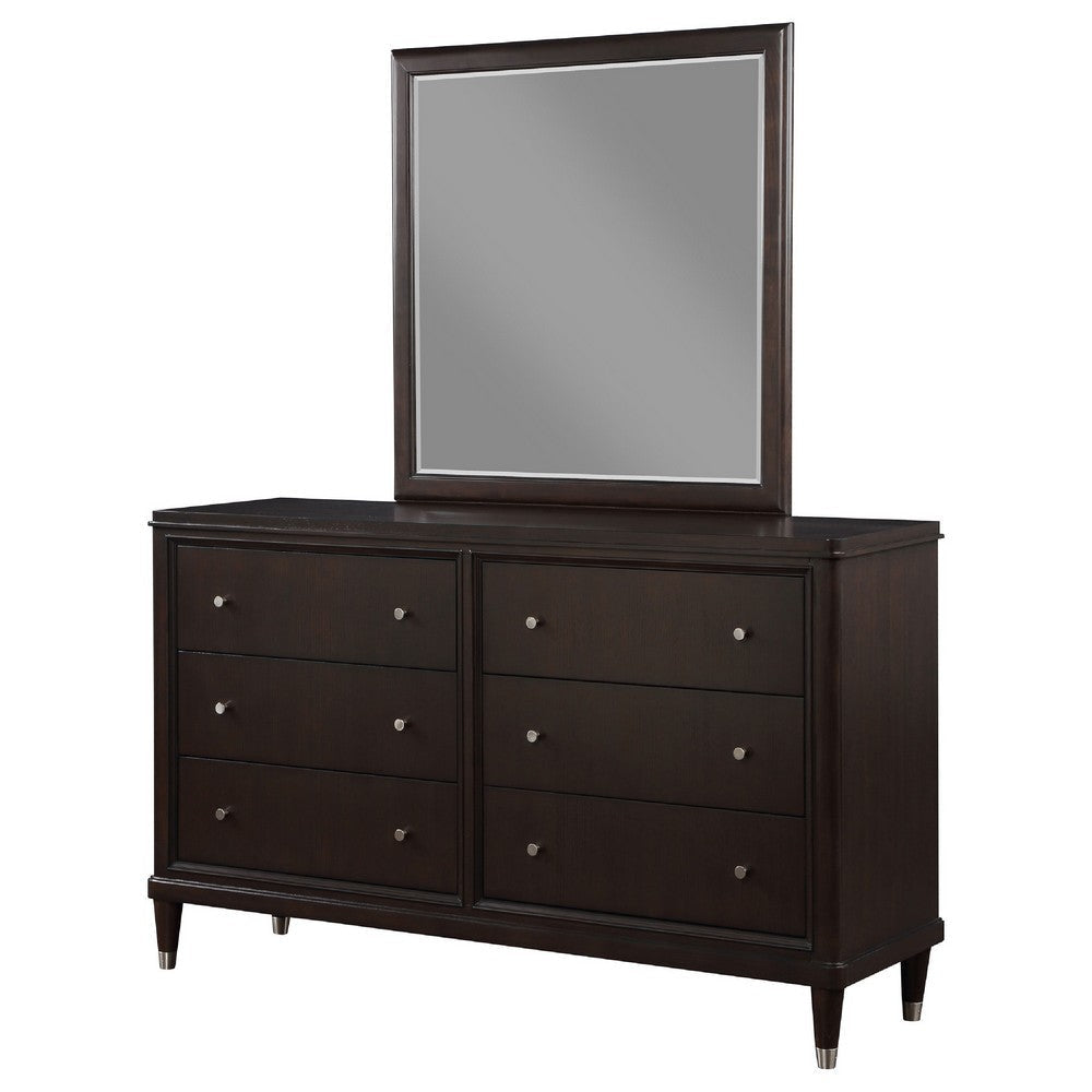 Amber Wide Dresser with Mirror | 6 Drawers | Brown Wood | Silver Knobs BM339946