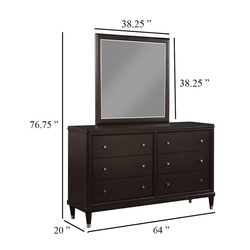 Amber Wide Dresser with Mirror | 6 Drawers | Brown Wood | Silver Knobs BM339946