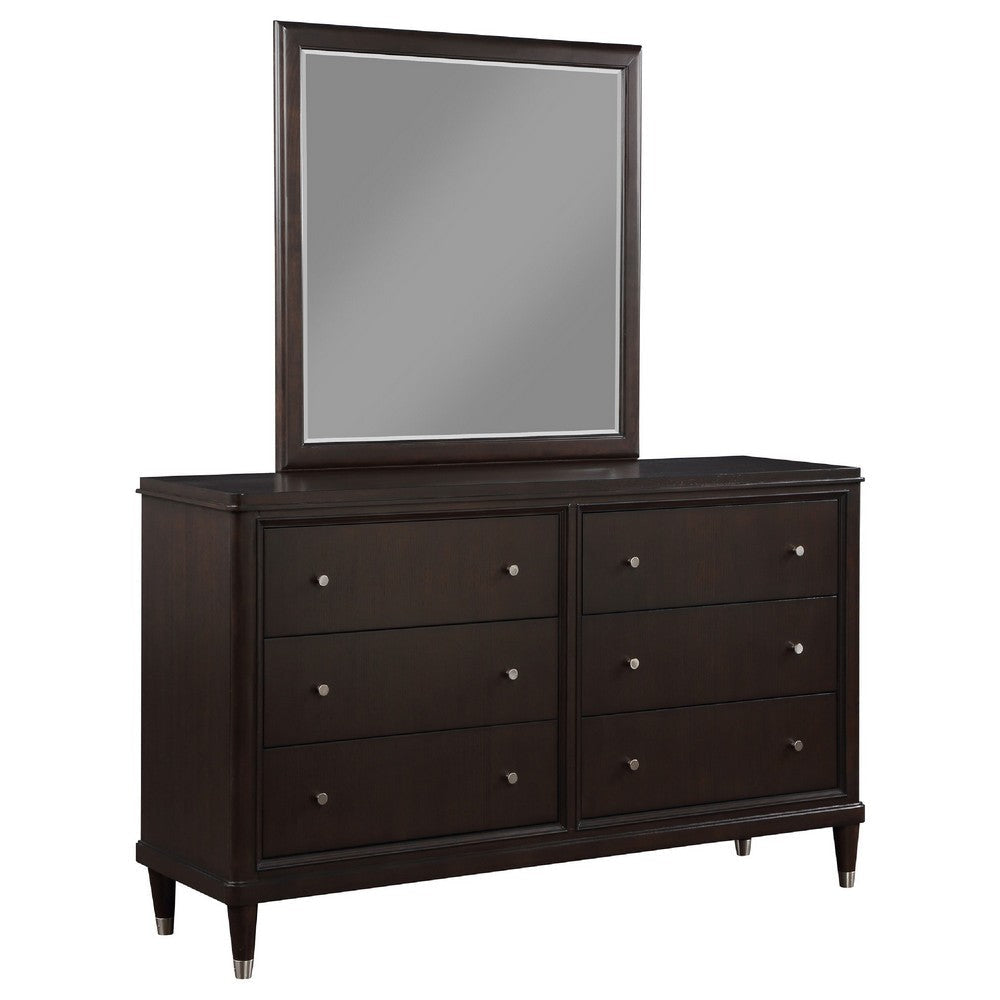 Amber Wide Dresser with Mirror | 6 Drawers | Brown Wood | Silver Knobs
