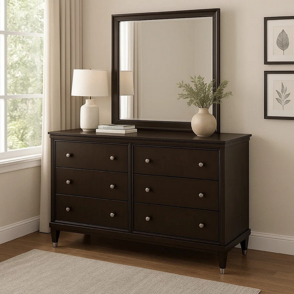 Amber Wide Dresser with Mirror | 6 Drawers | Brown Wood | Silver Knobs BM339946