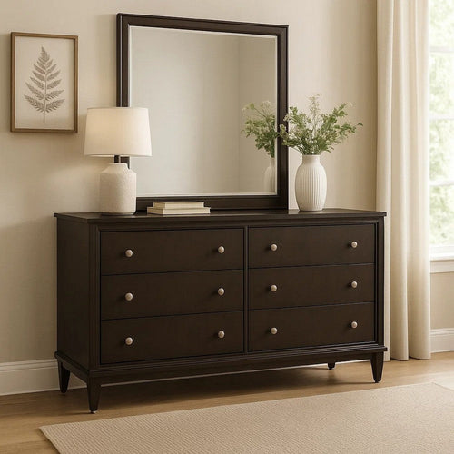 Amber Wide Dresser with Mirror | 6 Drawers | Brown Wood | Silver Knobs