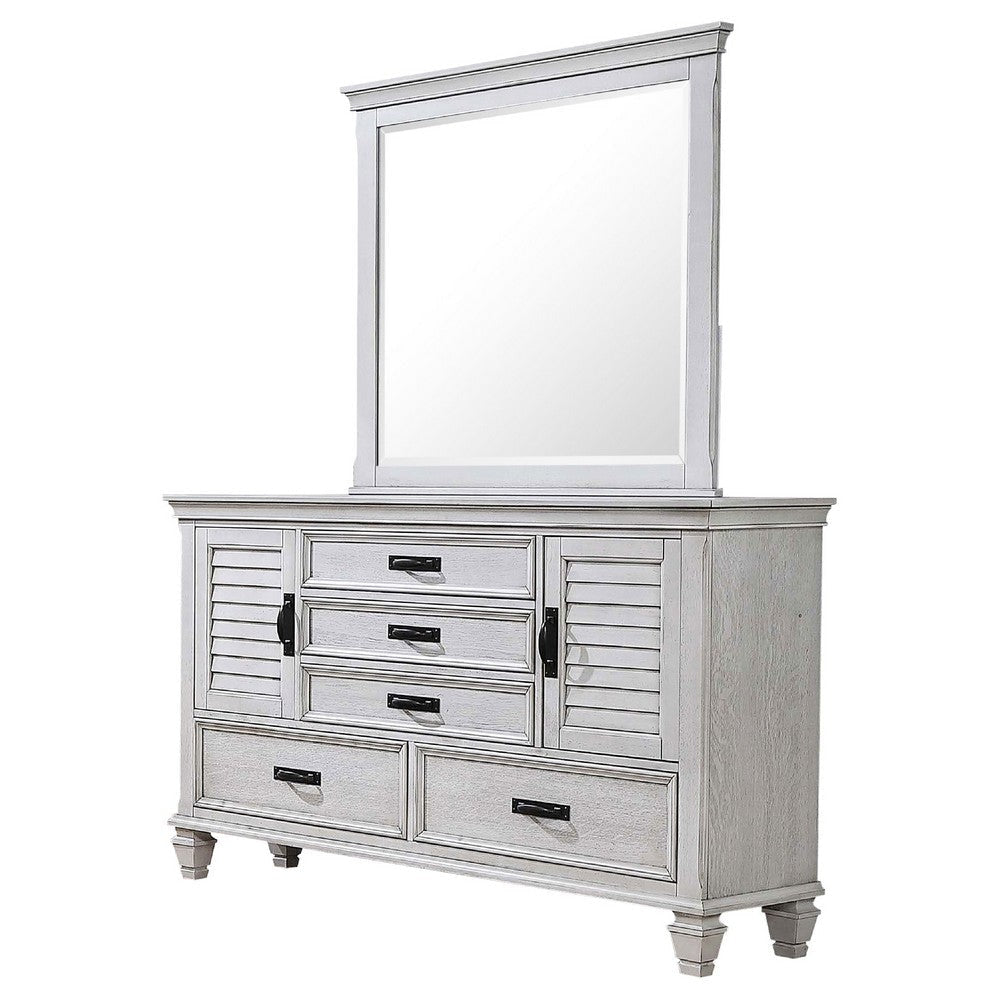Eli Wide Dresser with Mirror | 5 Drawers 2 Cabinets | Distressed White BM339948