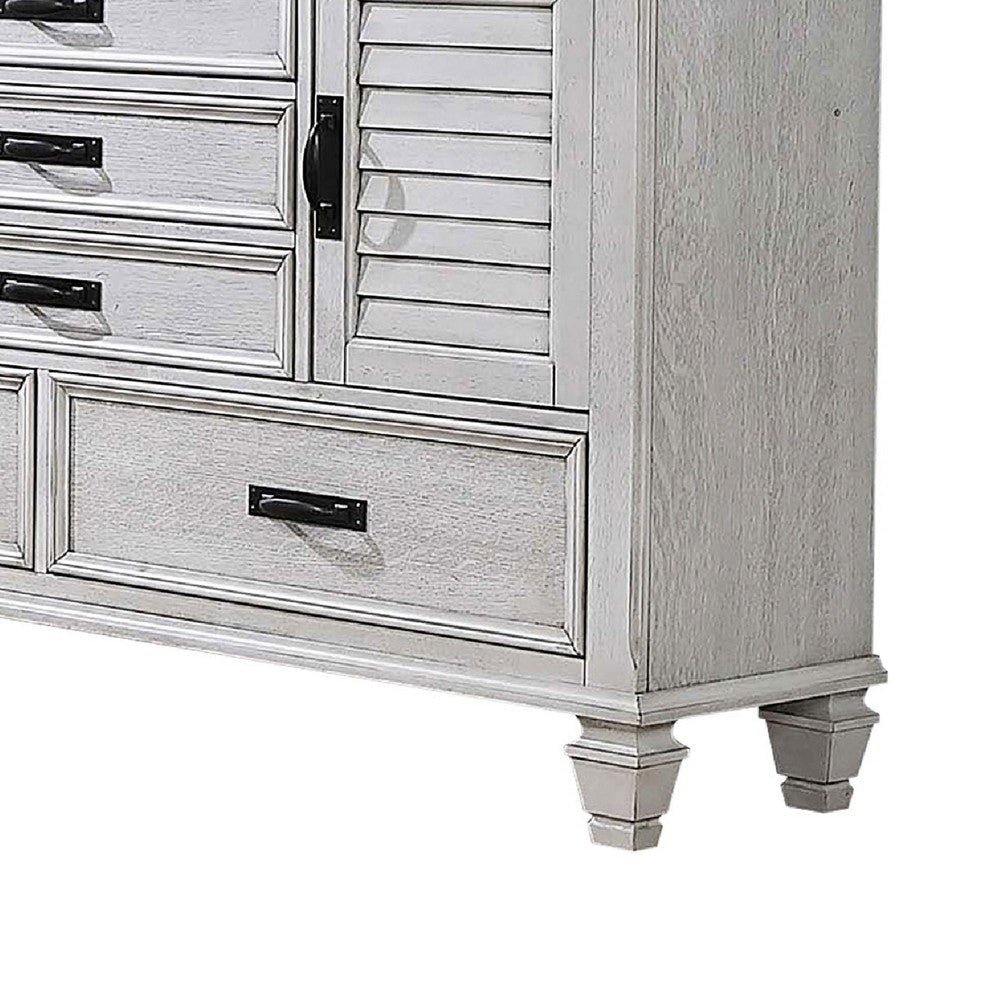 Eli Wide Dresser with Mirror | 5 Drawers 2 Cabinets | Distressed White BM339948
