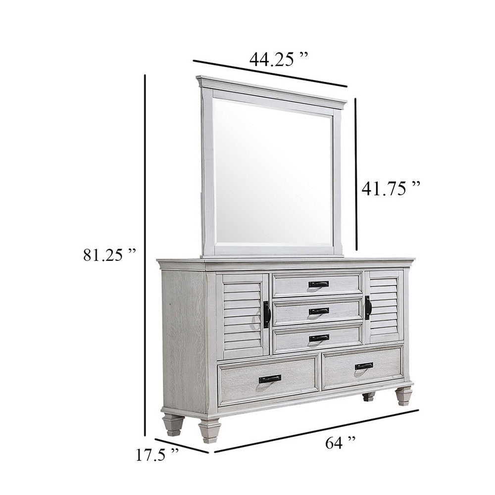 Eli Wide Dresser with Mirror | 5 Drawers 2 Cabinets | Distressed White BM339948
