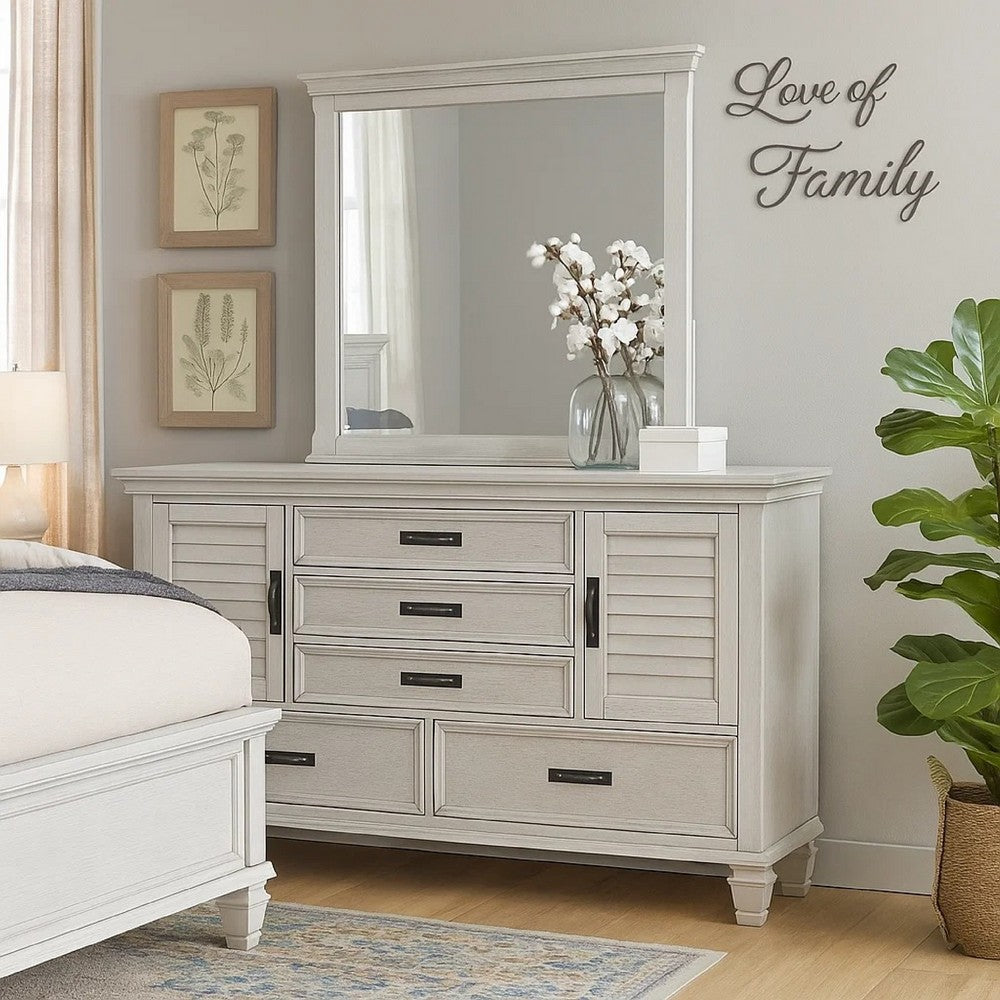 Eli Wide Dresser with Mirror | 5 Drawers 2 Cabinets | Distressed White