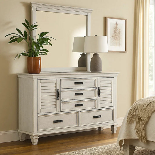 Eli Wide Dresser with Mirror | 5 Drawers 2 Cabinets | Distressed White