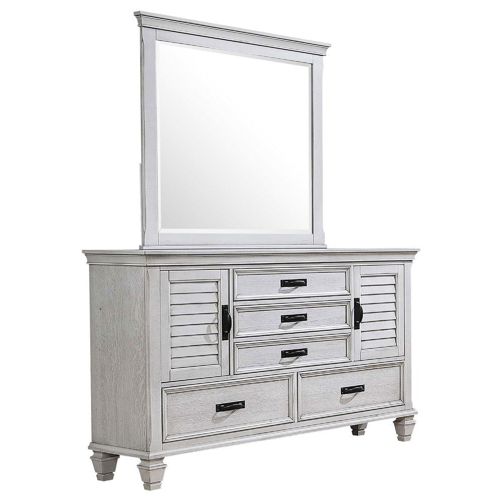 Eli Wide Dresser with Mirror | 5 Drawers 2 Cabinets | Distressed White