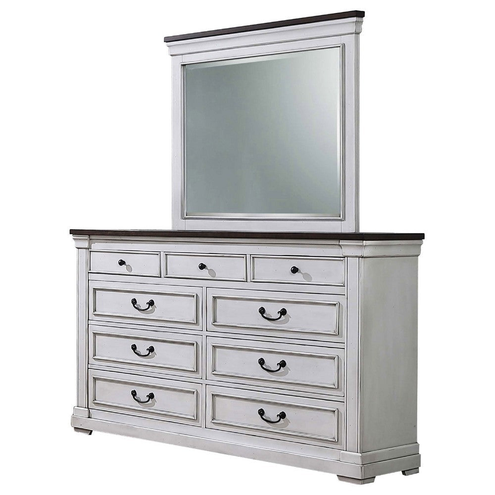 Ola Wide Dresser with Mirror | 9 Drawers | Distressed White Wood Frame BM339949