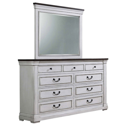Ola Wide Dresser with Mirror | 9 Drawers | Distressed White Wood Frame