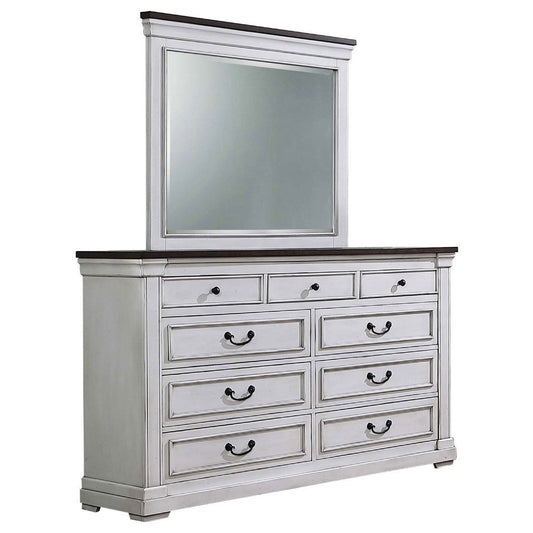 Ola Wide Dresser with Mirror | 9 Drawers | Distressed White Wood Frame