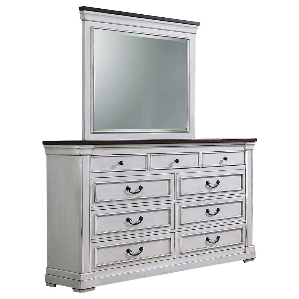 Ola Wide Dresser with Mirror | 9 Drawers | Distressed White Wood Frame